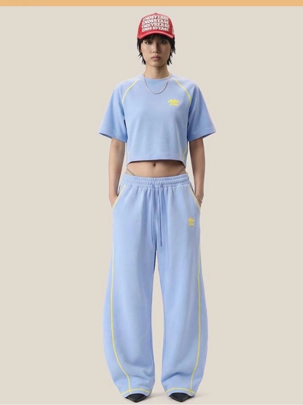 Alfric Eden Cropped Light Blue Wide-Leg Sweatpants Set with Yellow Trim xxxl nwt